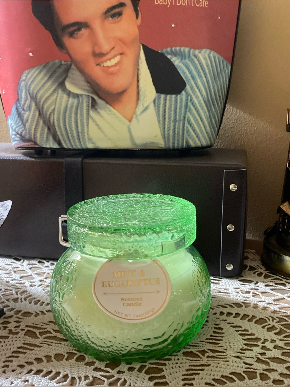 Mint/Eucalyptus Scented Candle Green Decorative Cut Glass Jar 14 oz.